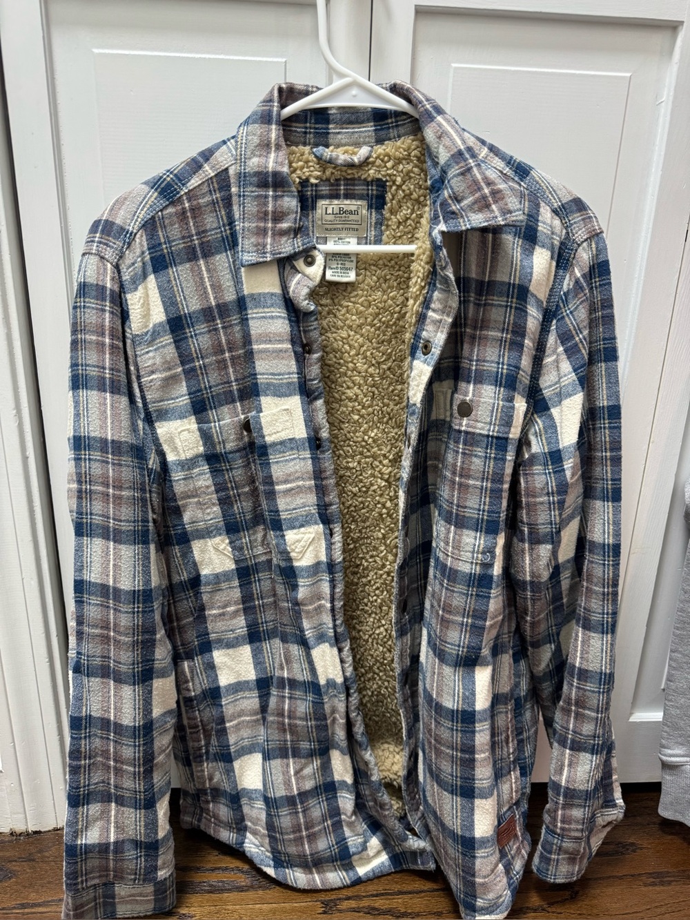 L.L. Bean Blue, White & Brown Plaid Sherpa-Lined Shirt Jacket